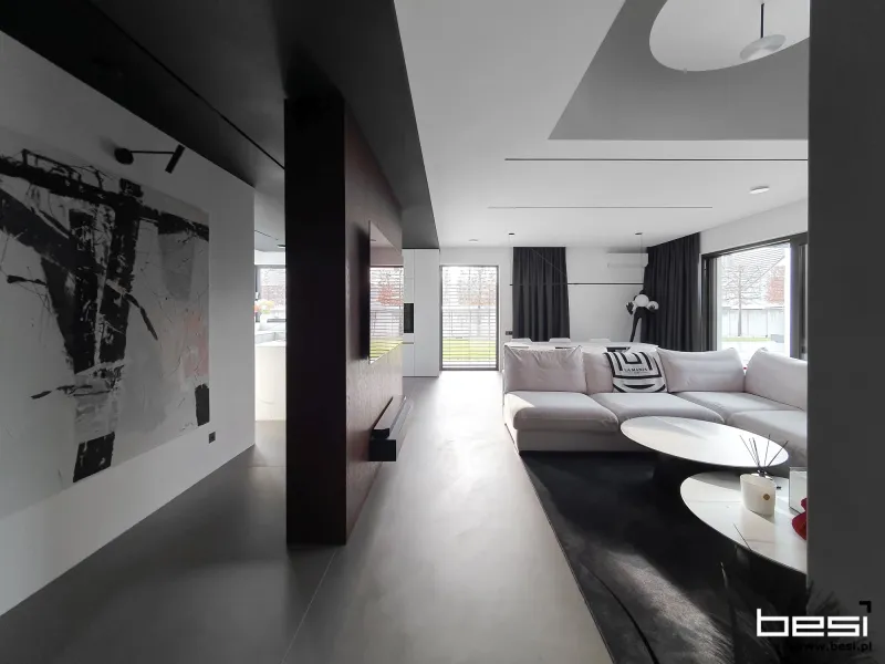 Dom w Gliwicach — fornir, biel i calacatta — Kuchnia i salon